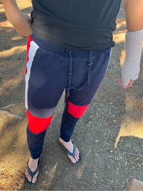 BALMAIN MEN RED WHITE BLUE Colorblock Jogger Pants WORKOUT RIPPED KNEE BIKER GYM